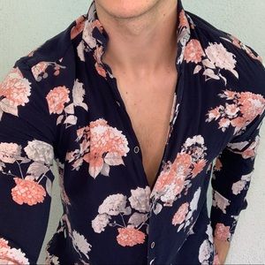 Zara floral long sleeve shirt dark blue and pink M